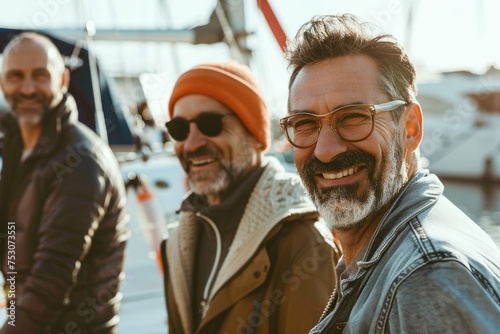Group of successful adults rich men friends smiling in an harbor © Kien