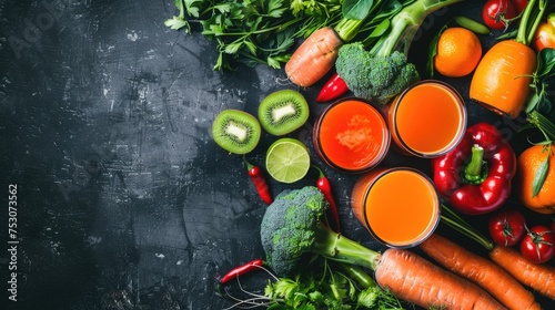  Variety of fresh vegetable juices with vibrant colors arranged on a dark background. Healthy eating and nutrition concept. Flat lay composition for design and print with copy space 