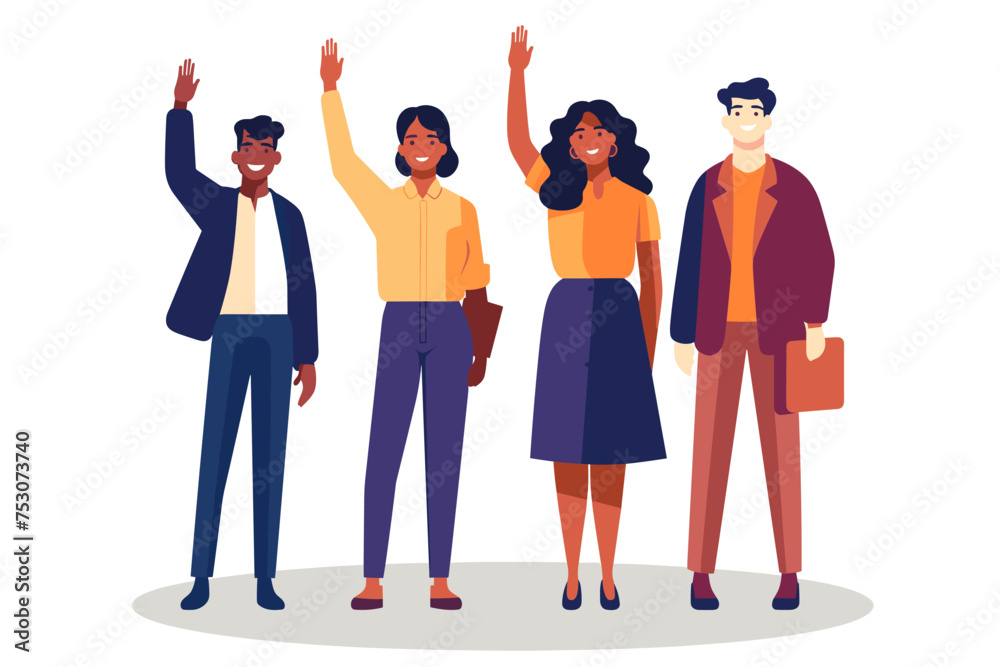Group of happy people standing together, waving and inviting new customer, colleague. Concept of happy multiethnic team welcome newcomer. Flat vector cartoon illustration isolated on white Group of happy people standing together, waving and inviting new customer, colleague. Concept of happy multiethnic team welcome newcomer. Flat vector cartoon illustration isolated on white