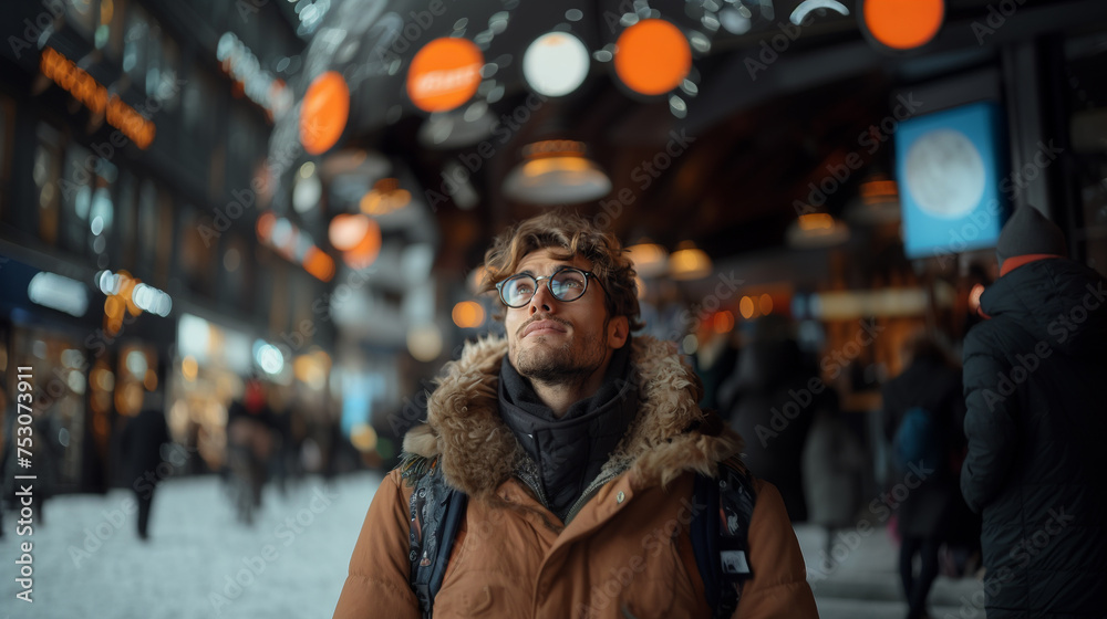 A man wearing a brown coat and glasses standing in a snowy street. Looking up, copy space 