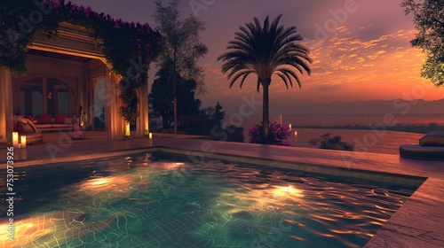 Sunset elegance in a breathtaking pool scene  with underwater lighting casting a mesmerizing glow on the luxurious surroundings