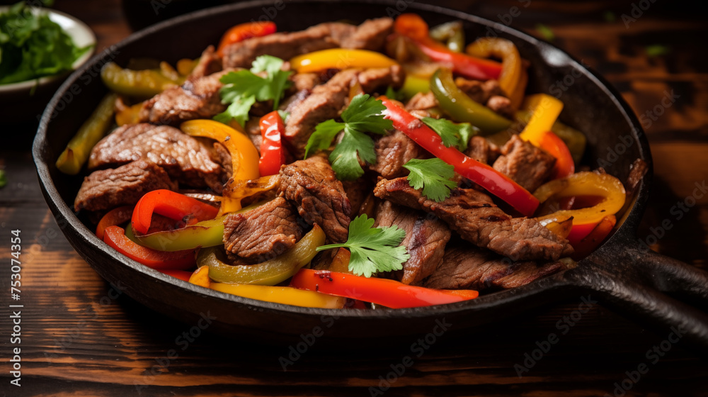 Hot and Juicy Steak Fajita Made With Colorful Peppers in a Classic Skillet Hot and Juicy Steak Fajita Made With Colorful Peppers in a Classic Skillet
