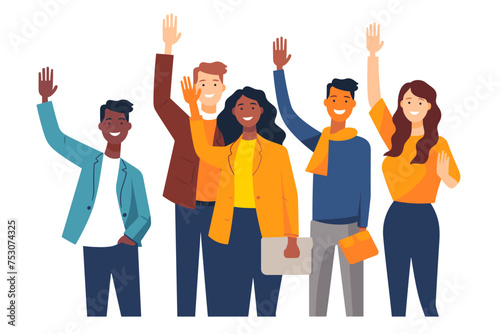 Group of happy people standing together, waving and inviting new customer, colleague. Concept of happy multiethnic team welcome newcomer. Flat vector cartoon illustration isolated on white photo