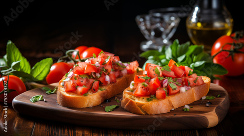 Gourmet Fresh Bruschetta Topped with Fresh Garden Tomatoes And Basil Leaves