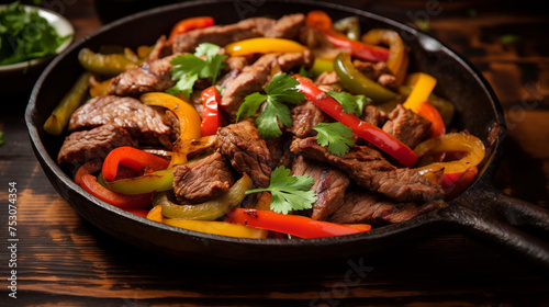 Hot and Juicy Steak Fajita Made With Colorful Peppers in a Classic Skillet