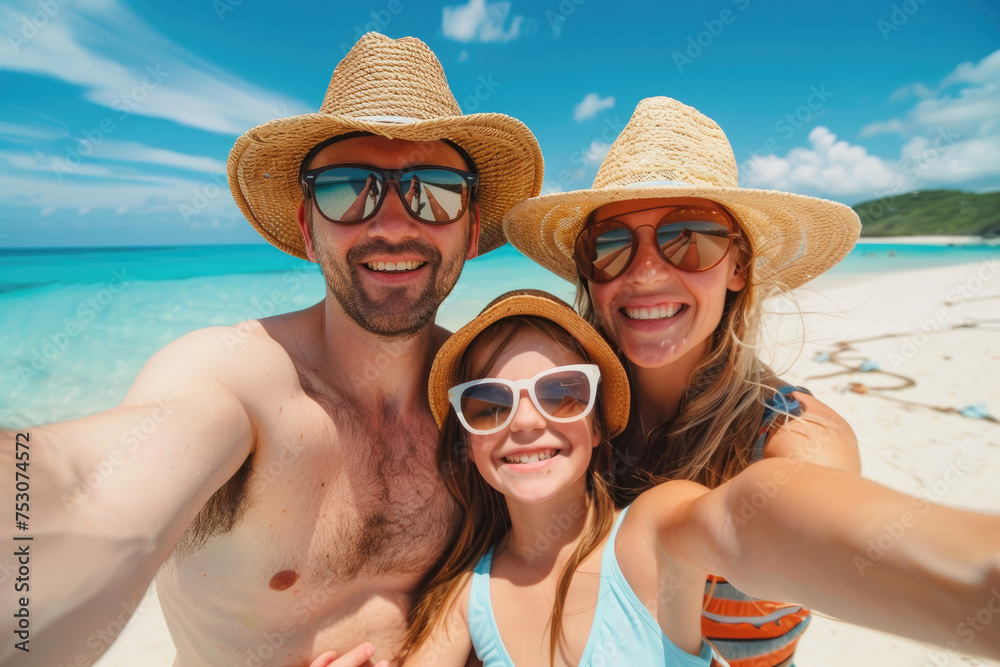 Happy family spend happy time on the beach together taking selfie
