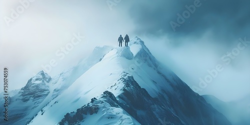 Mountaineers scaling a snowy summit cherishing the breathtaking views and conquering natures challenge. Concept Mountaineering, Snowy Summit, Breathtaking Views, Nature Challenge, Adventure © Ян Заболотний