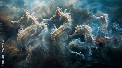 The delicate ballet of a group of seahorses, their tails entwined in a synchronized underwater dance. © ANNU