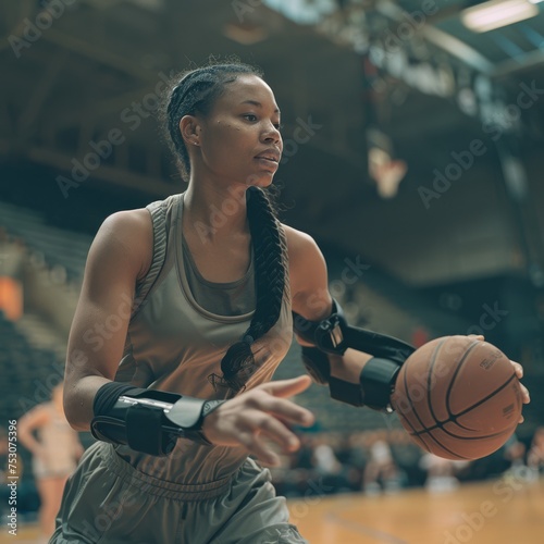 Young cheefrul woman with a prosthetic arm playing basketball in a sports arena. Dynamic and empowering cinematic shot photo