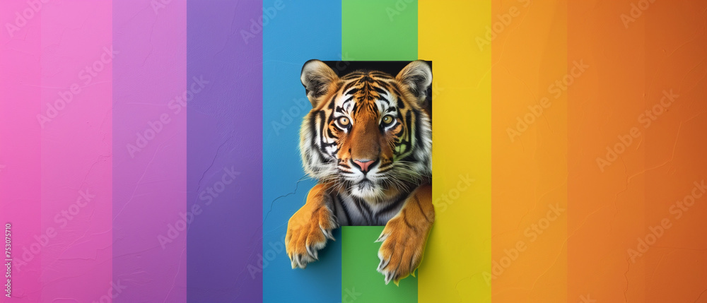 Fotografie Tiger Peeking Out from a Colorful Background