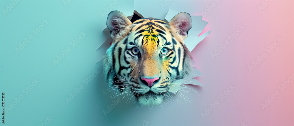 Tiger Peeking Out of a Paper Tear on Gradient Background