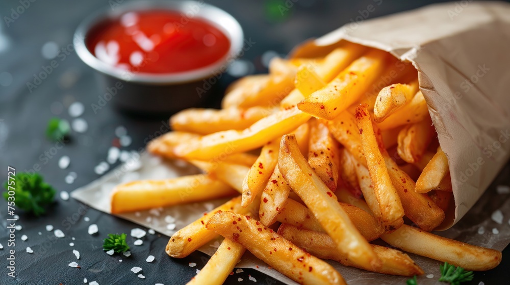 French Fries with Ketchup Crinkle Cut cutout minimal on dark background. realistic french fries for sale, package, advert. Icon, detailed French Fries with Ketchup Crinkle Cut cutout minimal on dark background. realistic french fries for sale, package, advert. Icon, detailed