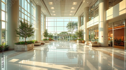 A spacious hospital lobby designed for patient comfort and efficient movement