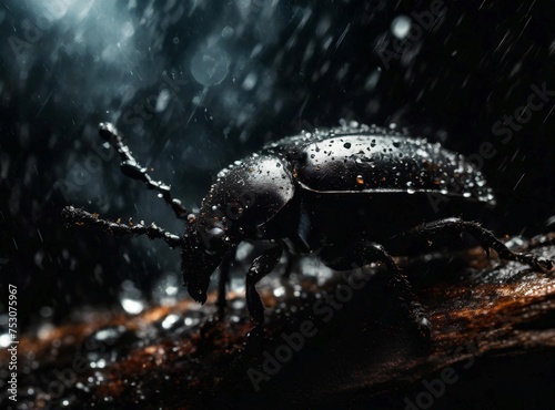 Black beetle in the jungle under rain. Tropical insect species. Rainforest fauna. © D'Arcangelo Stock