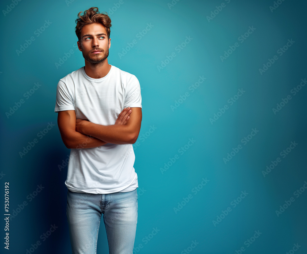 20s white man in a white shirt and blue jeans standing in front of a blue background, arms crossed looking away 20s white man in a white shirt and blue jeans standing in front of a blue background, arms crossed looking away
