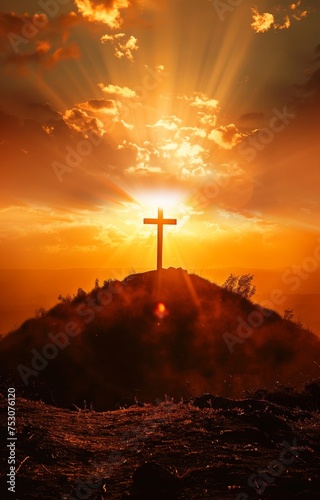 Cross on the hill - symbol of crucifixion of Jesus Christ. On beautiful sunset background.