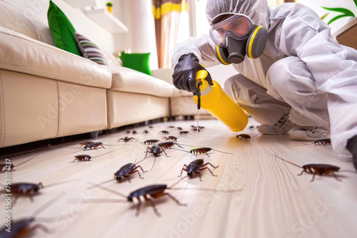 Pest control exterminator killing cockroaches inside house photo