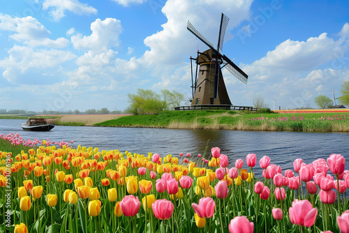 Traditional Dutch Windmill Over Colorful Tulips Field