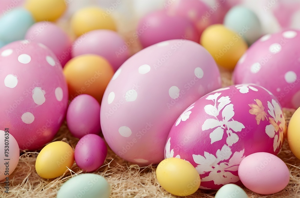 A festive display of variously sized Easter eggs adorned with polka dots and floral patterns. The pastel-colored eggs, in shades of pink, purple, and yellow, are nestled cozily.