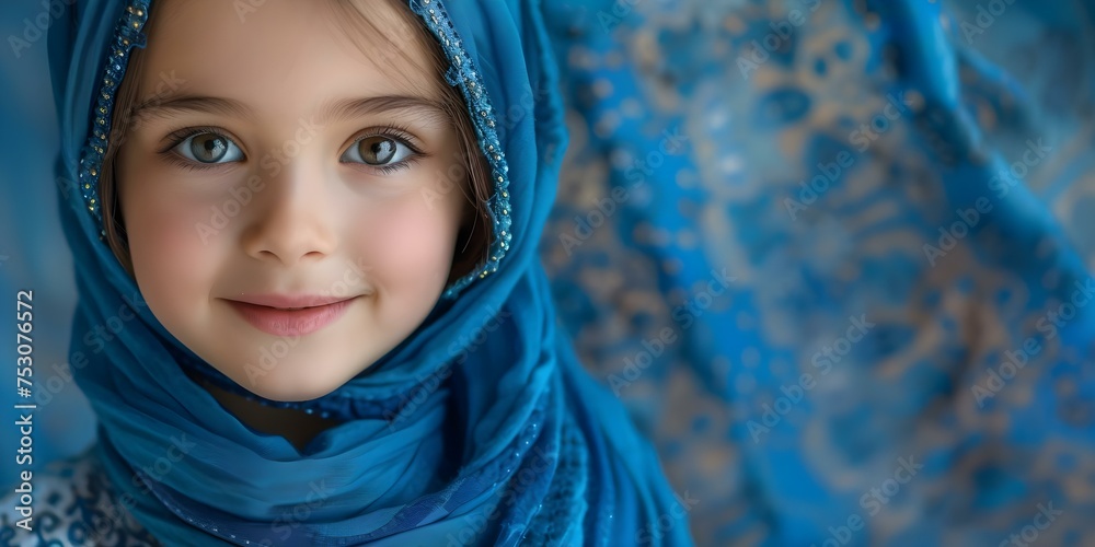 Joyful Islamic girl radiates happiness while wearing a beautiful blue holiday headscarf. Concept Islamic Fashion, Joyful Poses, Radiant Smile, Holiday Headscarf, Beautiful Photoshoot