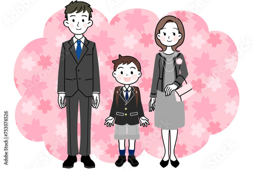 イラスト素材: 入学式　卒業式　親子（男の子と両親）　桜フレーム