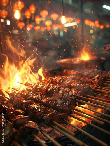 A detailed close-up digital art of a vibrant Thai street food scene focusing on a vendor skillfully grilling satay skewers over an open flame © Thararat