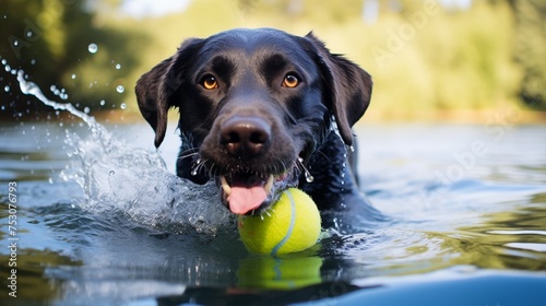 A Labrador Retriever swimming and retrieving a ball from a lake illustrating love for water photo