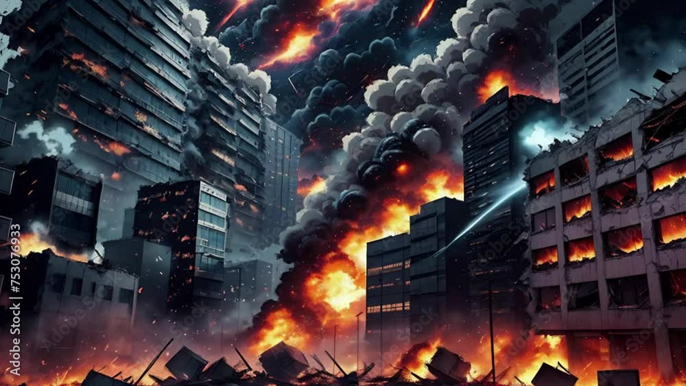 The apocalypse scene behind the ruined houses blazing, explosions and fire. A city in ruins, a scene of war or armageddon. AI illustrations transformations and metamorphose. AI generated video