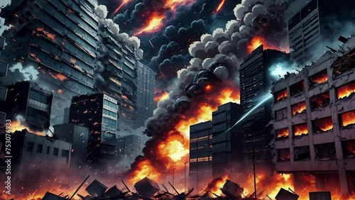 The apocalypse scene behind the ruined houses blazing, explosions and fire. A city in ruins, a scene of war or armageddon. AI illustrations transformations and metamorphose. AI generated video