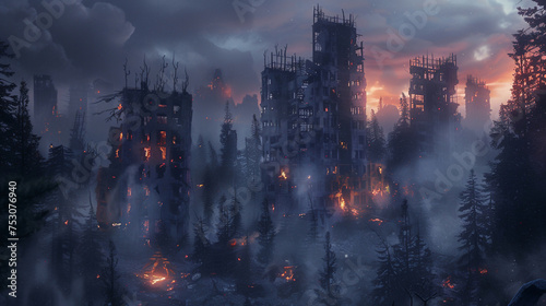 Postapocalyptic wasteland with nature reclaiming ruined cities and survivors encampments glowing at night photo