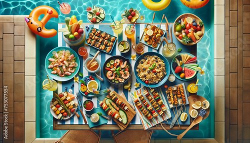 Top-down view of a summer pool party, featuring a seafood pasta salad, and pitchers of lemonade and iced tea, set around a swimming pool with colorful decorations and poolside loungers