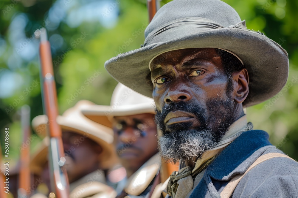 Portrait of a Man in Historical Costume with Others in Background at Reenactment Event
