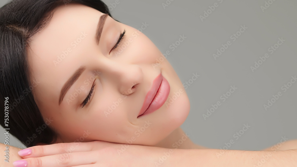 beautiful, young model rests her head on her hand, lying down and looking at the camera. The concept of healthy skin and female beauty, cosmetology services. beautiful, young model rests her head on her hand, lying down and looking at the camera. The concept of healthy skin and female beauty, cosmetology services.