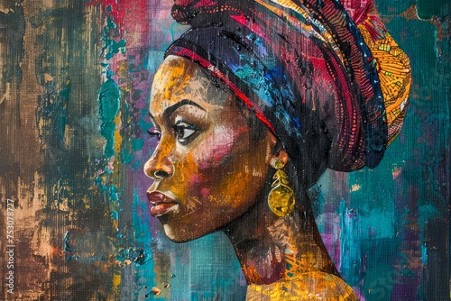 Vibrant African Woman Portrait with Colorful Headscarf and Textured Background in Contemporary Art Style