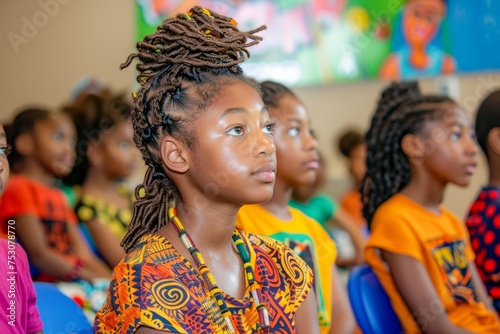 Young Girl in Traditional African Clothing Looking Attentive in Classroom Setting