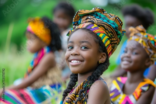 Group of Happy African Children Wearing Traditional Clothing with Colorful Headwraps in a Lush Green Outdoor Setting
