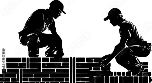 Two builders laying a brick wall