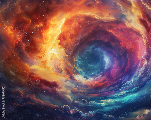 Vivid and colorful depiction of a swirling nebula set against the backdrop of deep space. photo