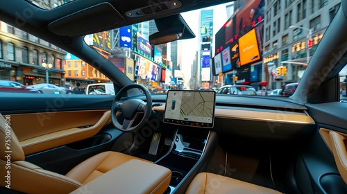 Luxury car interior during a vibrant city drive, urban exploration, modern lifestyle on the go. AI