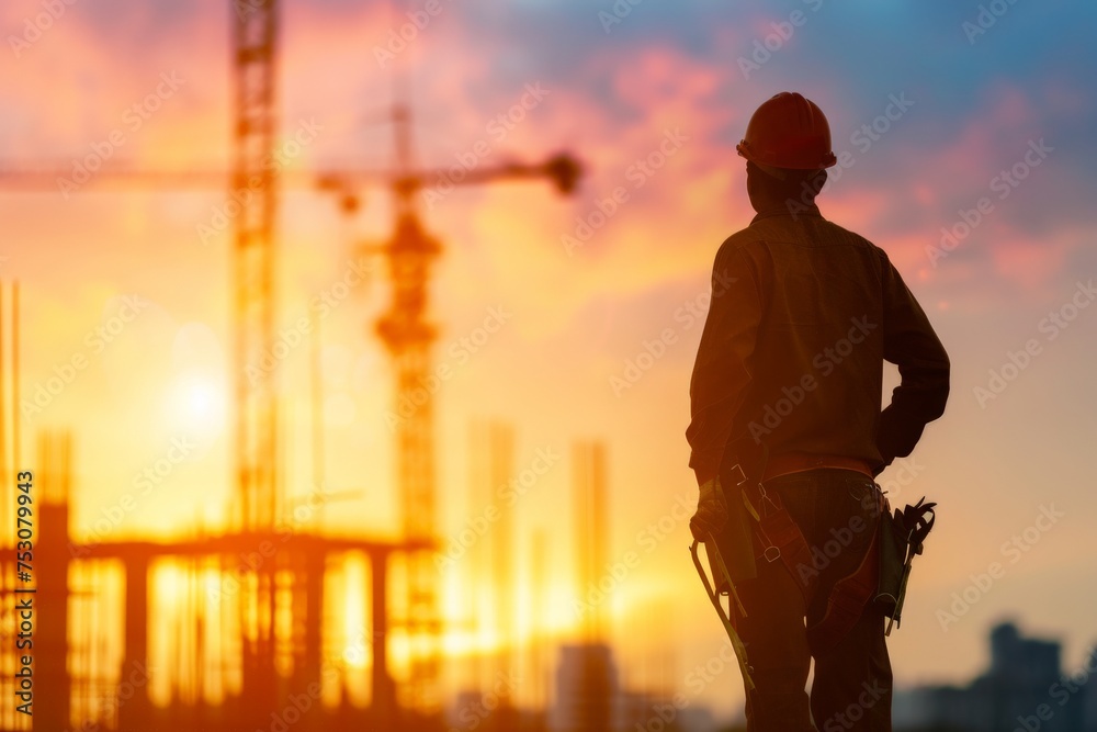 Silhouette engineer standing orders for construction crews to work on high ground heavy industry and safety concept over blurred natural background sunset pastel wide angle lens realistic lighting.