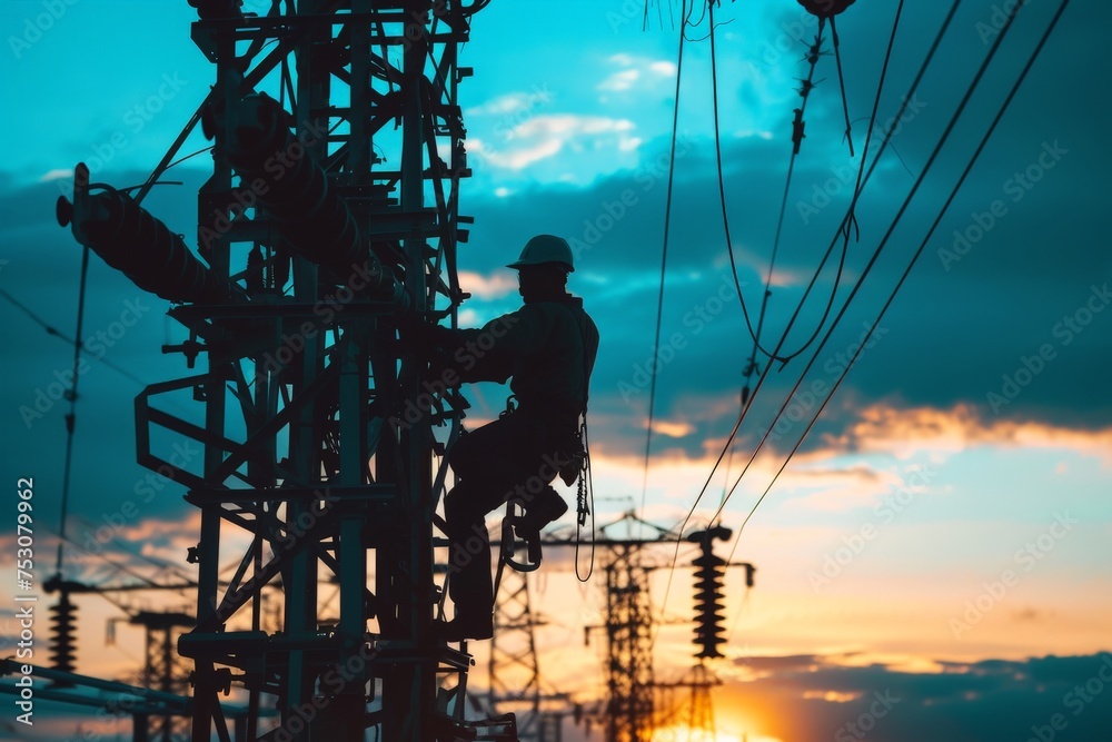 Silhouette electrician work on high ground heavy industry. Construction of the extension of high voltage in high voltage stations and rig.