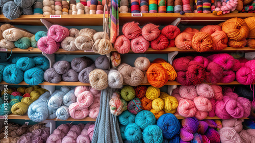 Yarn and Wool Balls Assortment Display in Craft DIY Store Shelves