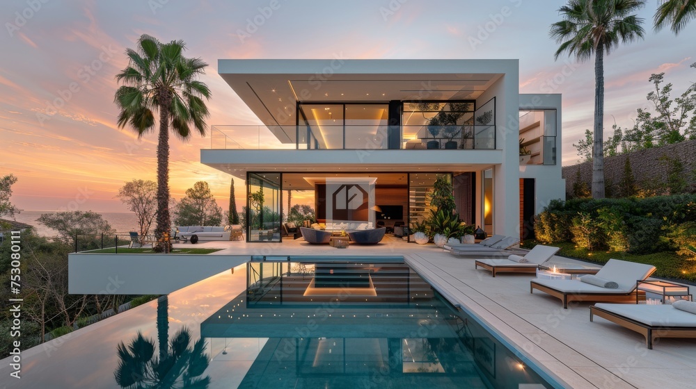 Fototapeta premium Modern White House with Pool Oasis and Tropical Sunrise
