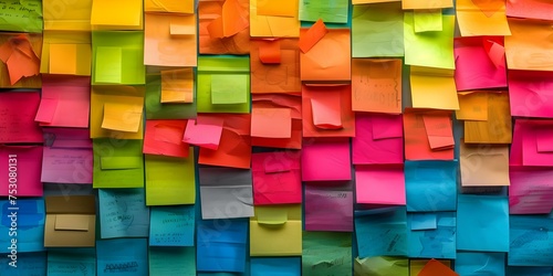 Colorful sticky notes on glass wall during creative session in office workshop. Concept Office Workshop, Creative Session, Sticky Notes, Glass Wall, Colorful Decor,