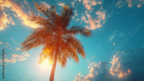Vintage toned palm tree over sky background.