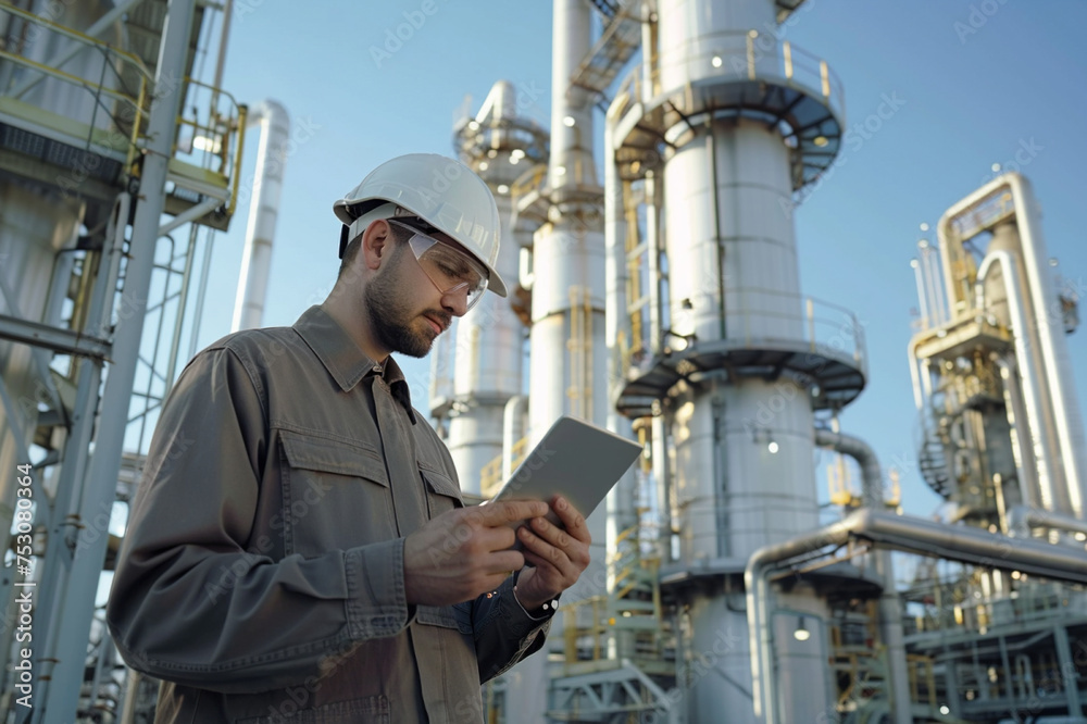 Male engineer with tablet in front of oil refinery Male engineer with tablet in front of oil refinery