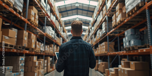 A businessman stands contemplatively in a vast warehouse, surrounded by high shelves stacked with boxes, contemplating logistics strategies.