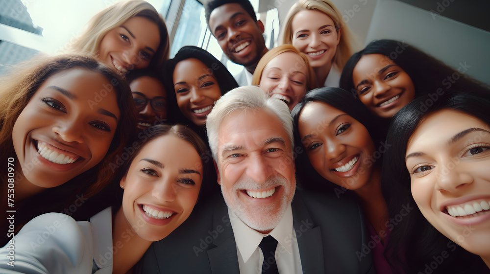 Happy diverse team having fun together. Low angle group portrait of cheerful joyful young and senior Caucasian and African American business people friends huddling, looking down at camera and smiling Happy diverse team having fun together. Low angle group portrait of cheerful joyful young and senior Caucasian and African American business people friends huddling, looking down at camera and smiling