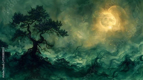 Enchanted Moonlit Tree in Fantasy Landscape, To provide a captivating and serene background image for a desktop or computer wallpaper