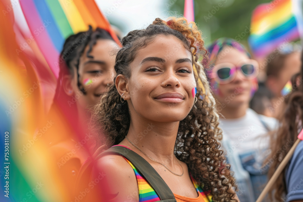 Pride month parade with diversity and rainbow flags, LGBTQ right